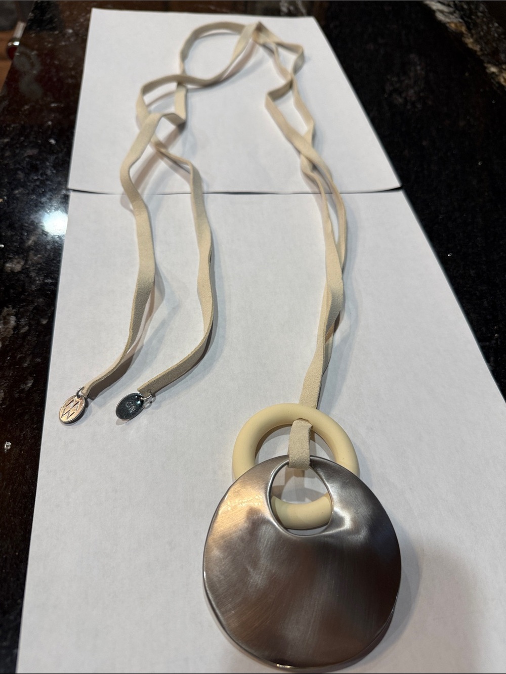 Source Unknown Cream and Silver Ring Pendant Necklace on Ribbon Cord